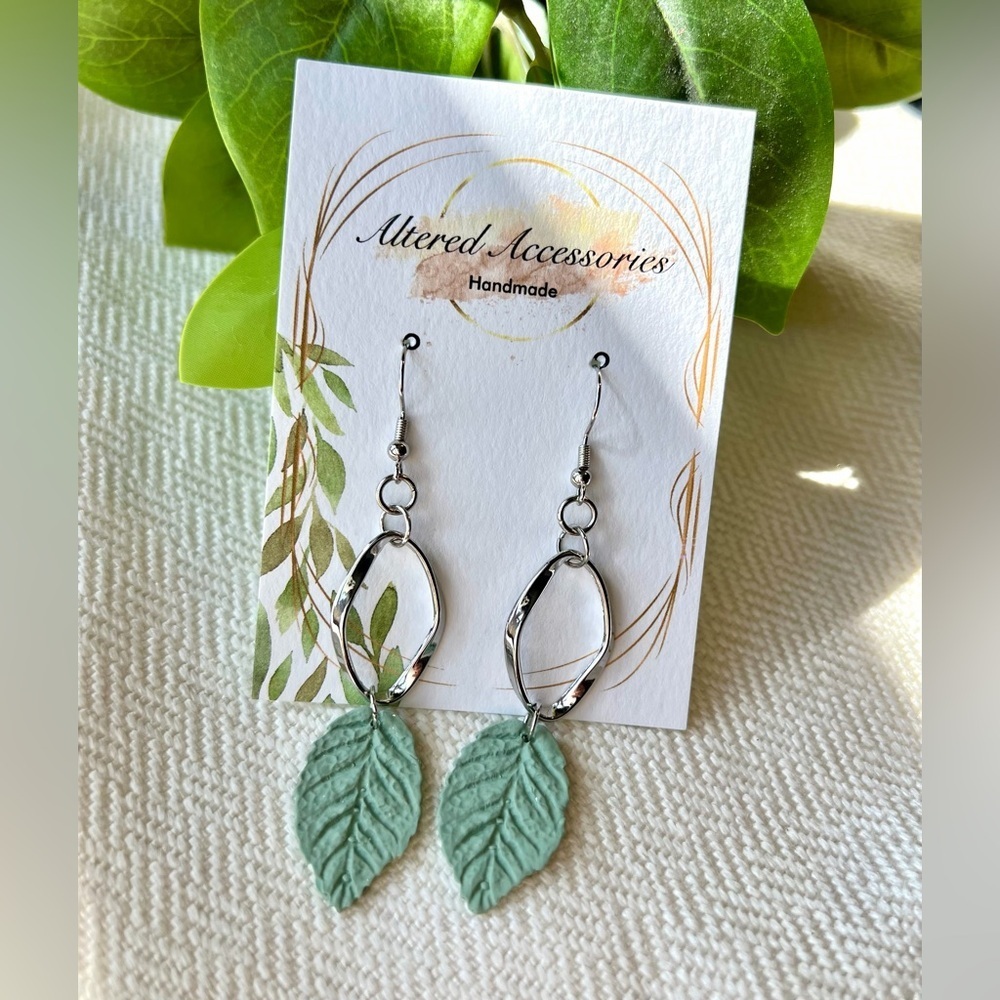2/$30 Silver Hoop Green Leaf Earrings